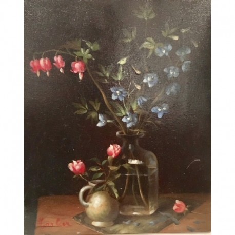 MARLIER Robert deux vases de fleurs roses et bleus