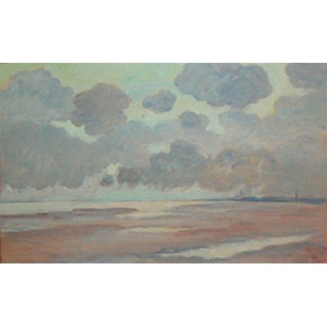 AU LOIN, CLOCHER DE BERNIERES-SUR-MER, Huile sur panneau, PERADON Pierre-Edmond (1893 - 1981)