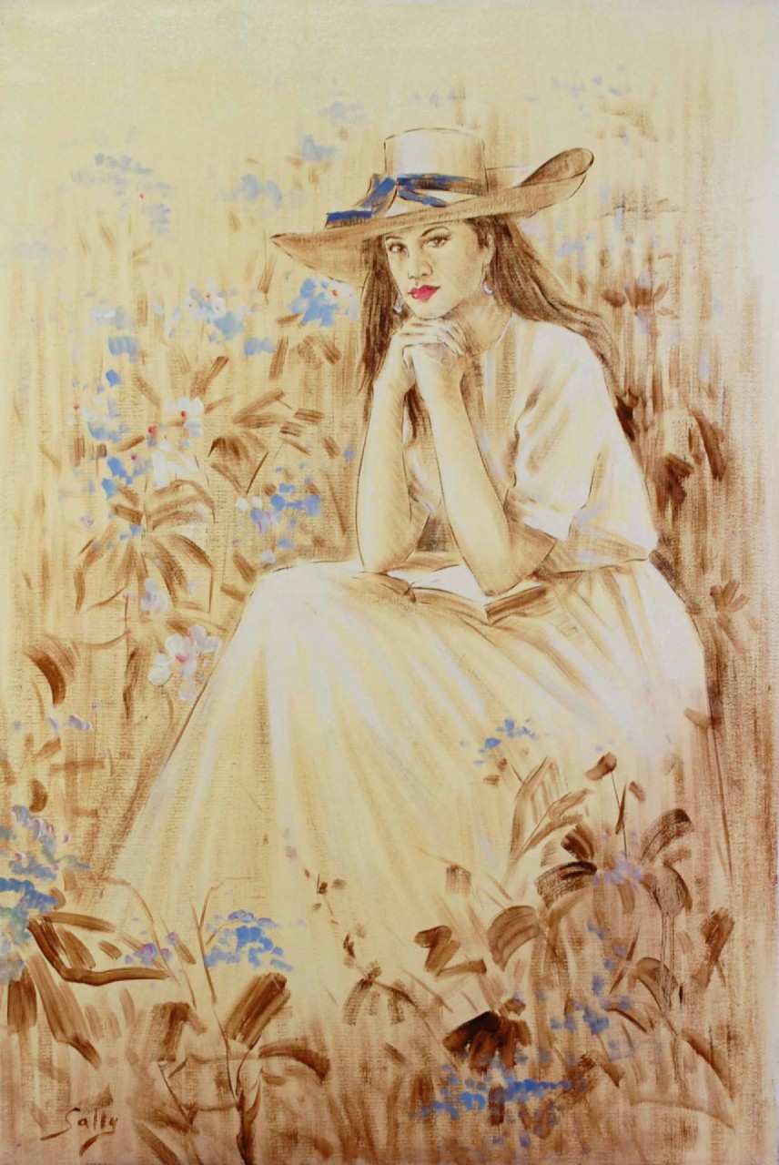 LISEUSE AU JARDIN - SALLY Georgina (XX ème siècle) - Huile sur toile