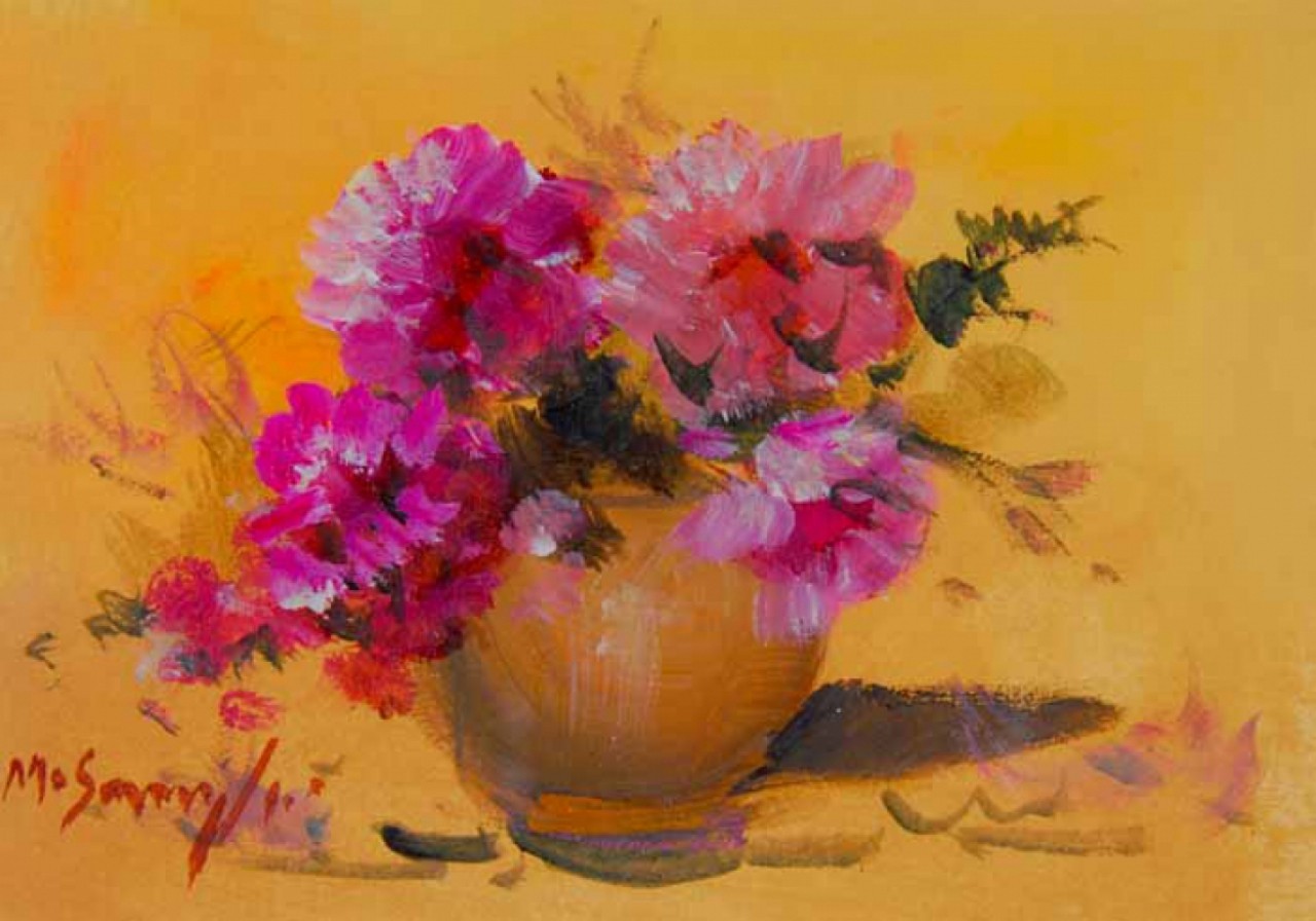 BOUQUET ROSE - SMERAGLIA Mario (1950 - ) - Huile sur panneau