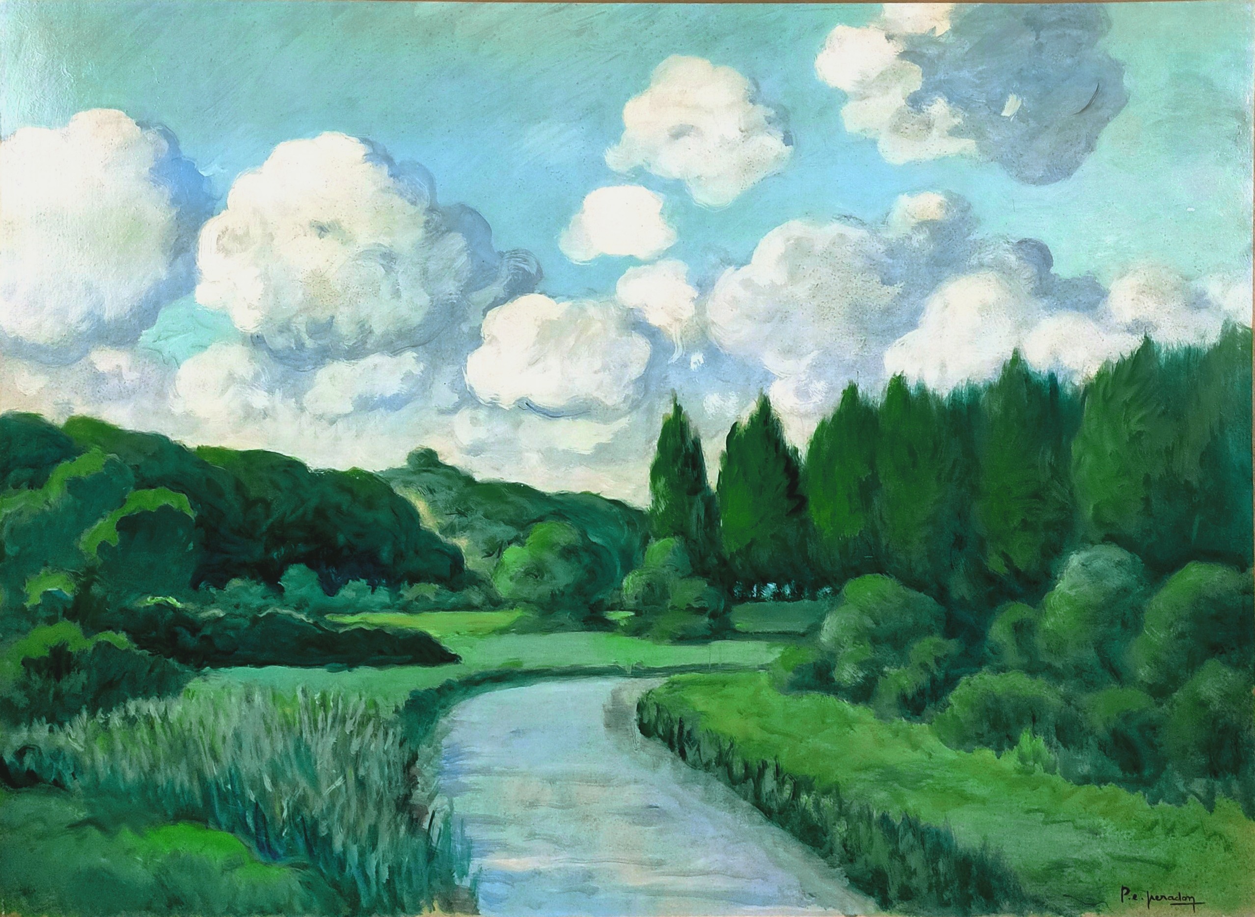 LES PEUPLIERS AU BORDURE DE L'ORNE - PERADON Pierre-Edmond (1893 - 1981) - Huile sur panneau