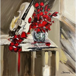 VIOLON ET FLEURS ROUGES